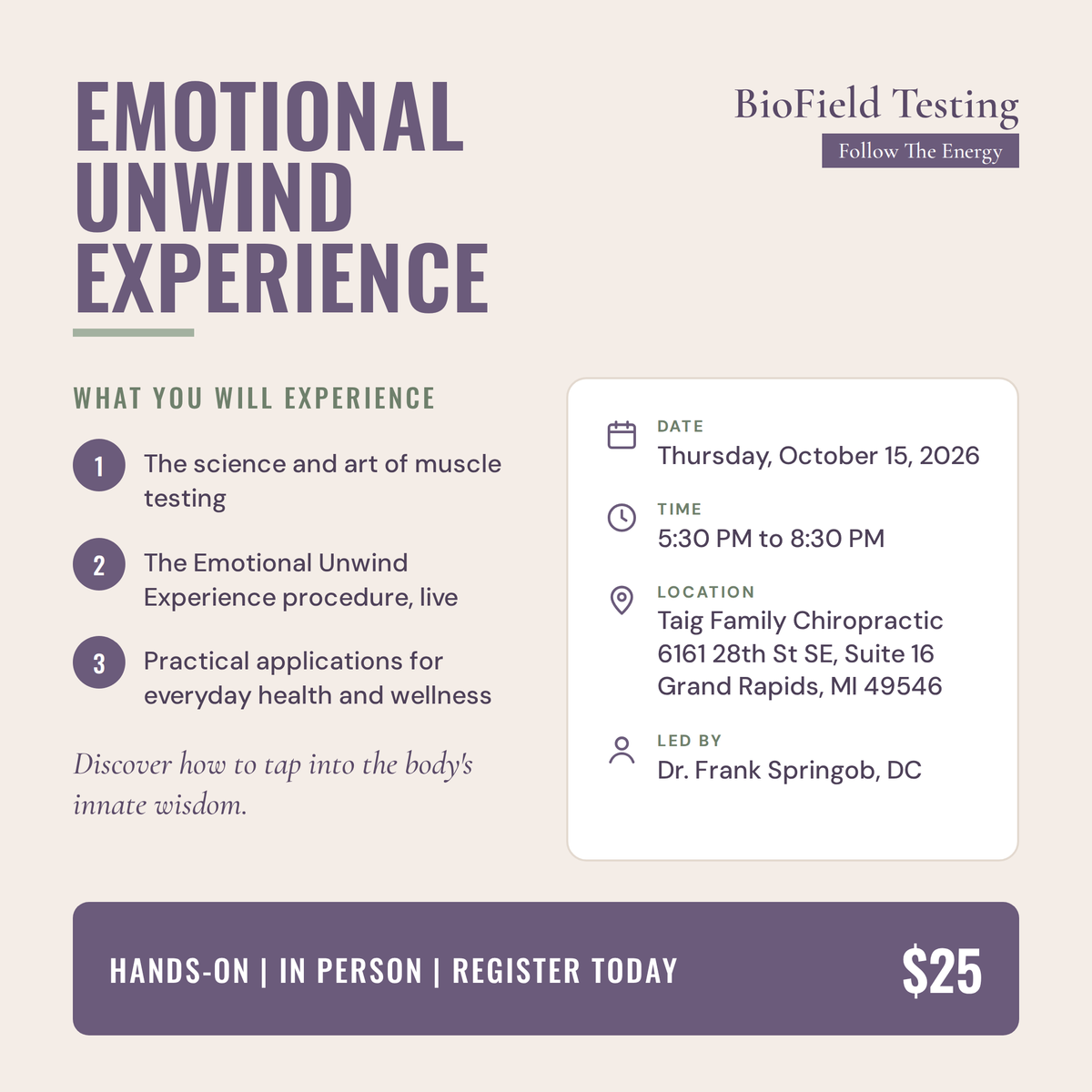 Emotional Unwind Experience Training, Grand Rapids, MI